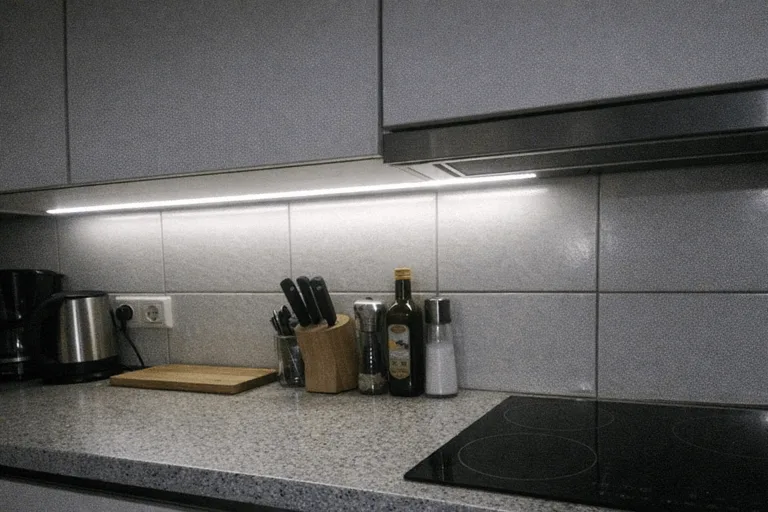 Helle LED Bänder in der Küche unter den Schränken